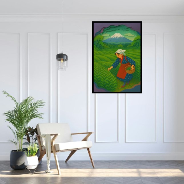 Custom Japan Travel Landscape Aesthetic Mt.Fuji  Photo Print (Tea field and Mt. Fuji in Shizuoka, japan.  Paper cutting style art.)