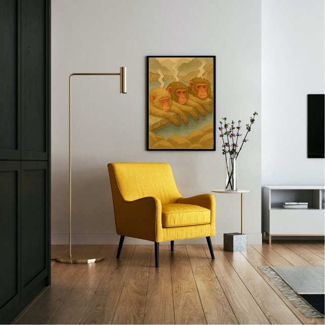 Custom Japan Travel Landscape Whimsical Monkey Poster (Soaking monkeys in Nagano, Japan. Paper cutting style art.)