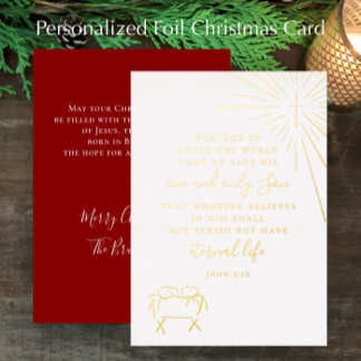 Custom John 3:16 Original Nativity Christmas Gold Foil Holiday Card