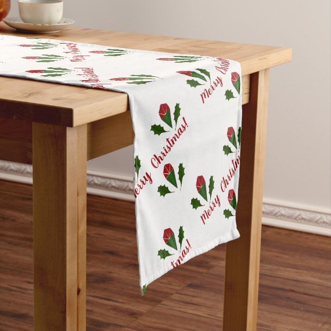 Custom Jolly Abstract Red Roses & Holly Holiday Long Table Runner (In Situ)