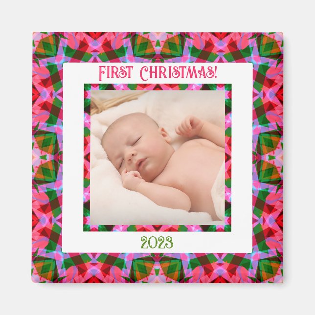 Custom Jolly Festive Christmas Pink Photo Picture Magnet (Front)