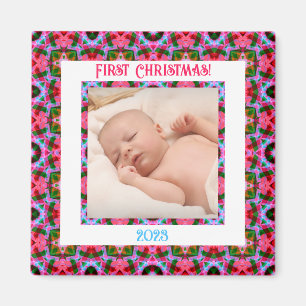 Custom Jolly Festive Christmas Pink Photo Picture Magnet