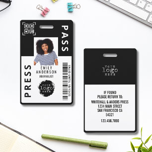 Custom Journalist Press Pass Photo ID Logo   Black ID Badge