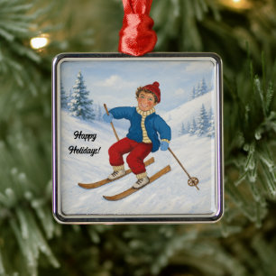 Custom Joyful Skier Metal Ornament
