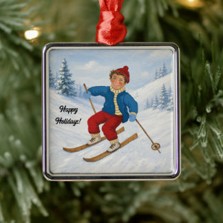 Custom Joyful Skier Metal Ornament