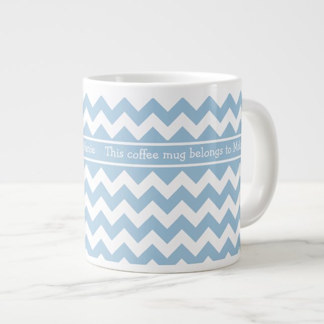 Custom Jumbo Coffee Mug, Blue and White Chevrons Large Coffee Mug (Front Right)