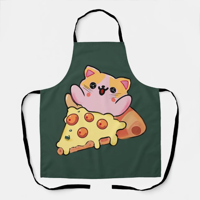 Custom Kawaii Cat Hugging Pepperoni Pizza Cartoon Apron (Front)