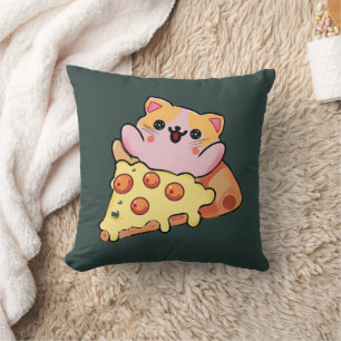 Custom Kawaii Cat Hugging Pepperoni Pizza Cartoon Cushion