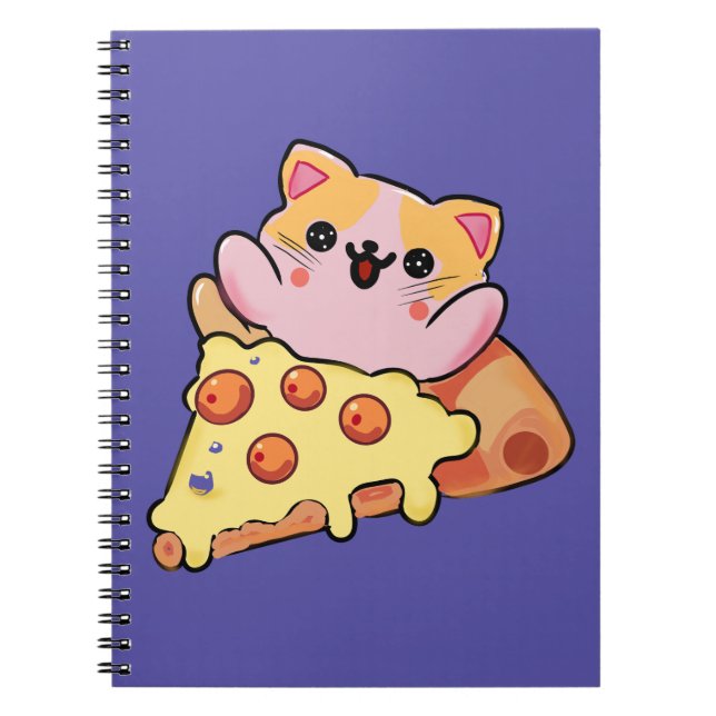 Custom Kawaii Cat Hugging Pepperoni Pizza Cartoon Notebook (Front)