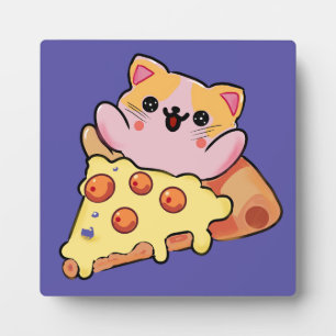Custom Kawaii Cat Hugging Pepperoni Pizza Cartoon Plaque