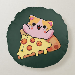 Custom Kawaii Cat Hugging Pepperoni Pizza Cartoon Round Cushion