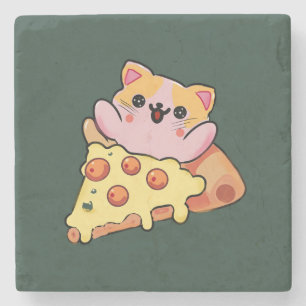 Custom Kawaii Cat Hugging Pepperoni Pizza Cartoon Stone Coaster