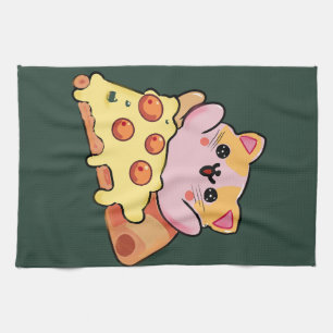 Custom Kawaii Cat Hugging Pepperoni Pizza Cartoon Tea Towel