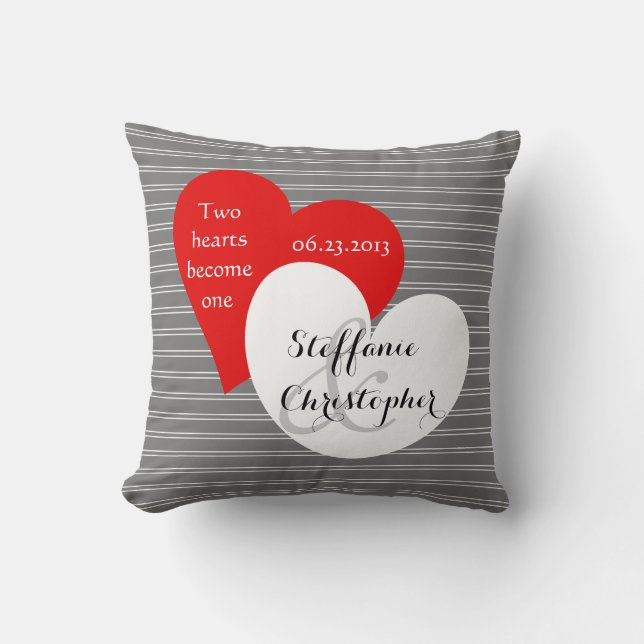 Custom Keepsake Wedding, Grey Pinstripe, Hearts Cushion (Front)