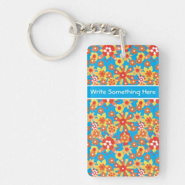 Custom Keychain: Ditzy Orange Flowers on Blue Key Ring (Front)