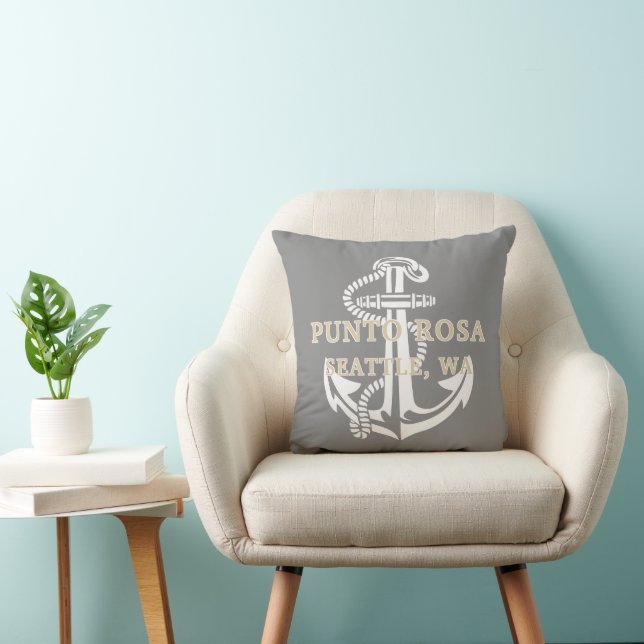 Custom Khaki Beige Brown Name White Anchor On Grey Cushion (Chair)