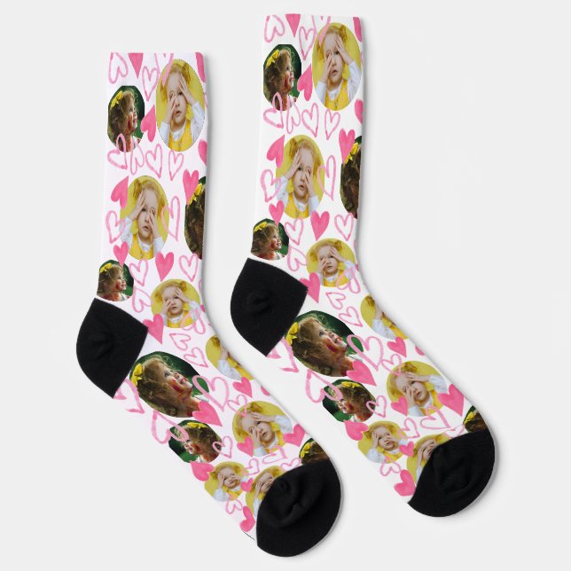 Custom Kid Photo Pink Hearts Valentine Crew Socks (Right)