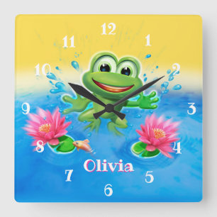 Custom Kid’s square clock Leaping frog design.