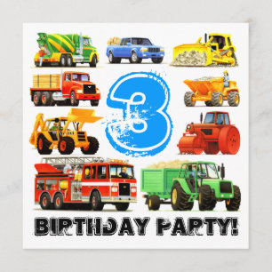 Custom Kid's 3rd Birthday Construction Truck Party Invitation