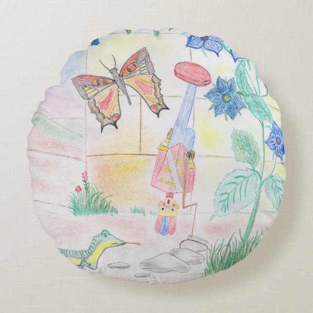 Custom Kids Artwork, Nutcracker toy, butterfly,  Round Cushion (Front)