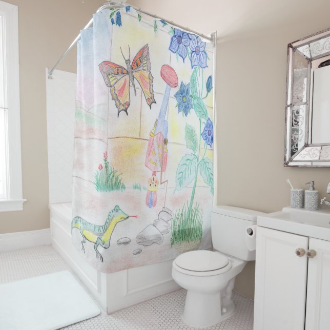 Custom Kids Artwork, Nutcracker toy, butterfly,  Shower Curtain (In Situ)