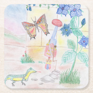 Custom Kids Artwork, Nutcracker toy, butterfly, Square Paper Coaster
