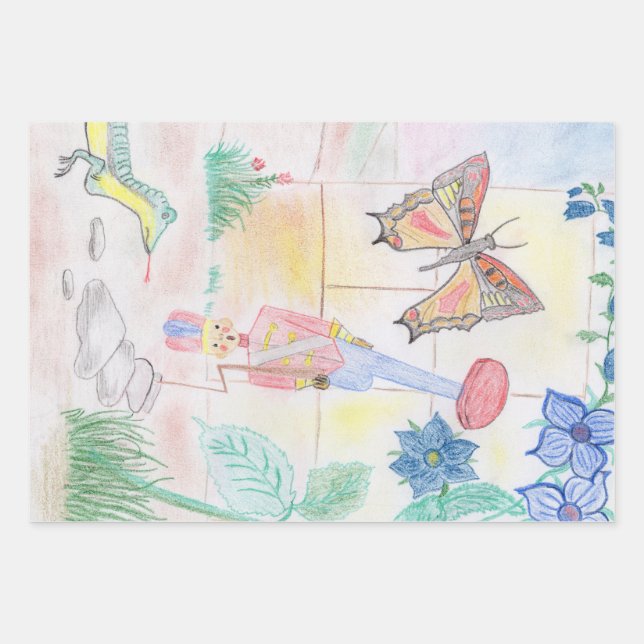 Custom Kids Artwork, Nutcracker toy, butterfly,  Wrapping Paper Sheet (Front)