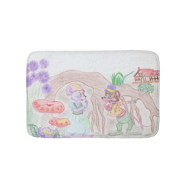 Custom Kids Artwork, two cute mouse, flowers.... Bath Mat (Front)