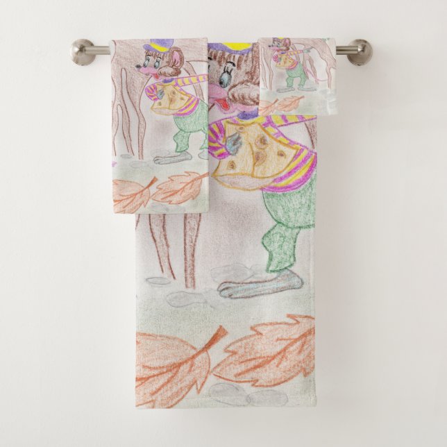 Custom Kids Artwork, two cute mouse, flowers.... Bath Towel Set (Insitu)