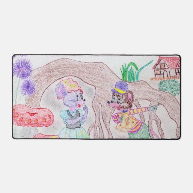 Custom Kids Artwork, two cute mouse, flowers.... Desk Mat (Front)