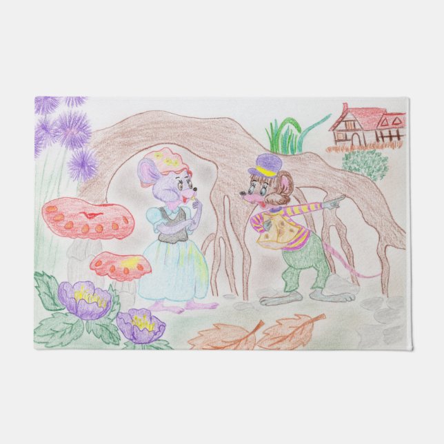 Custom Kids Artwork, two cute mouse, flowers.... Doormat (Front)