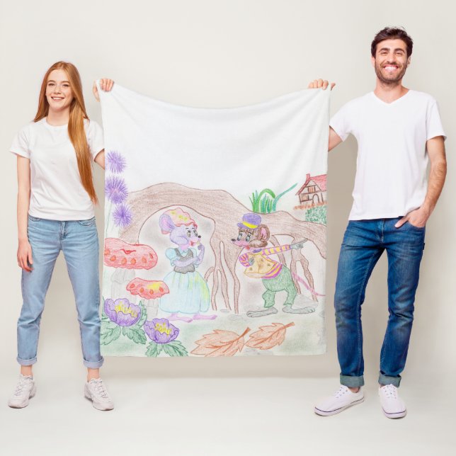 Custom Kids Artwork, two cute mouse, flowers.... Fleece Blanket (In Situ)