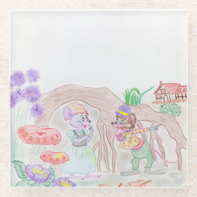 Custom Kids Artwork, two cute mouse, flowers.... Glass Coaster (Front)