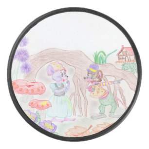 Custom Kids Artwork, two cute mouse, flowers.... Hockey Puck