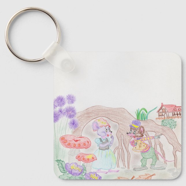 Custom Kids Artwork, two cute mouse, flowers.... Key Ring (Front)