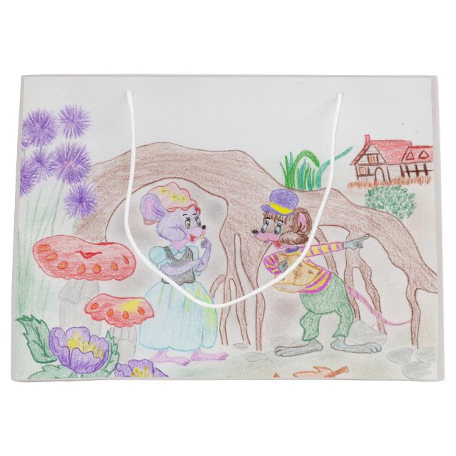 Custom Kids Artwork, two cute mouse, flowers.... Large Gift Bag (Front)