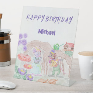 Custom Kids Artwork, two cute mouse, flowers.... Pedestal Sign