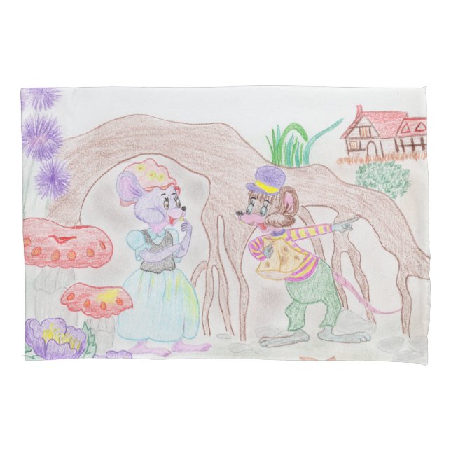 Custom Kids Artwork, two cute mouse, flowers.... Pillowcase (Front)