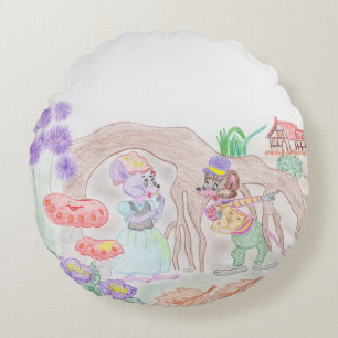 Custom Kids Artwork, two cute mouse, flowers.... Round Cushion