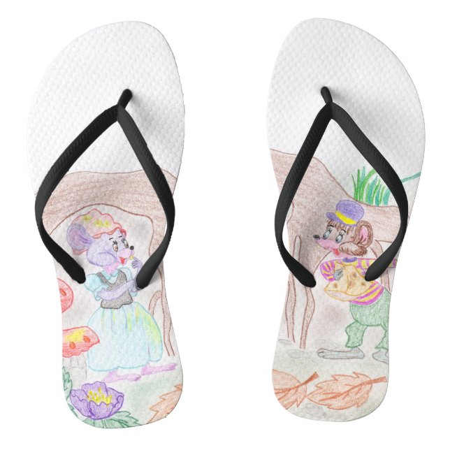 Custom Kids Artwork, two cute mouse, flowers.... Thongs (Footbed)