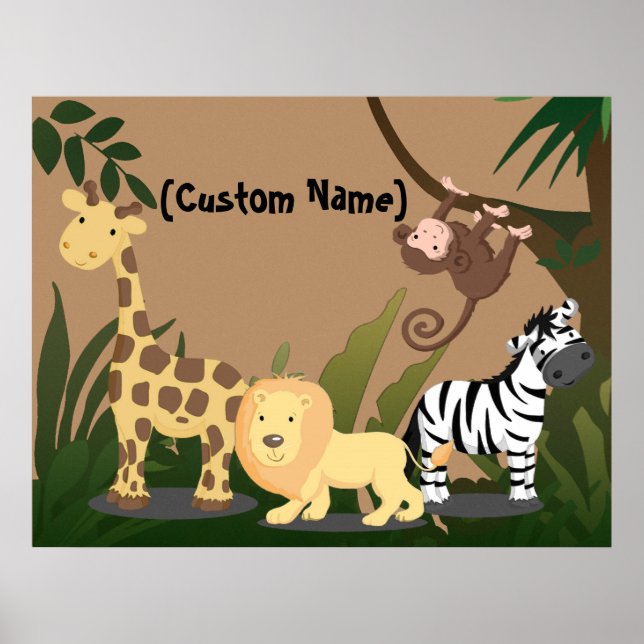 Custom Kids Baby Name JungleZoo Wall Art Poster (Front)