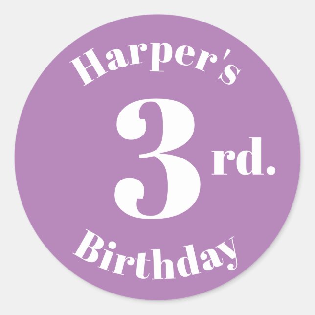 Custom Kids Birthday name number lavender Classic Round Sticker (Front)
