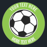 Custom kids Birthday party favour soccer ball spor Classic Round Sticker<br><div class="desc">Custom kids Birthday party favour soccer ball sport logo stickers or envelope seals. Personalised accessories for boy or girl Birthday party celebration. Add your own name, funny quote or saying, slogan etc. Cute sporty template design for coach and players. Green or custom colour background. Also handy for gift wrapping during...</div>