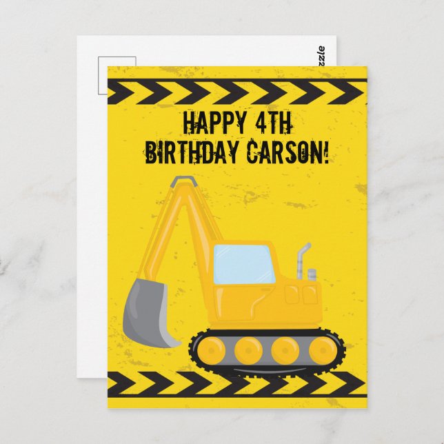 Custom Kids Construction Vehicle Happy Birthday Postcard (Front/Back)