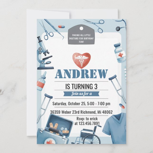 Custom Kids Doctor Medical Birthday Party  Invitation (Front)