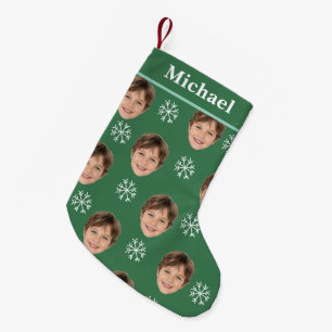 Custom Kids Face & Name Green Snowflake Small Christmas Stocking