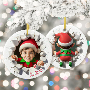 Custom Kids Face Photo Funny Christmas Elf Name Ceramic Ornament