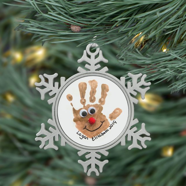 Custom Kids' Handprint Art Keepsake Snowflake Pewter Christmas Ornament (Creator Uploaded)