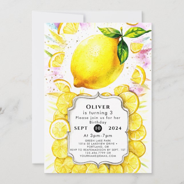 Custom Kids Lemon Birthday Invitation (Front)