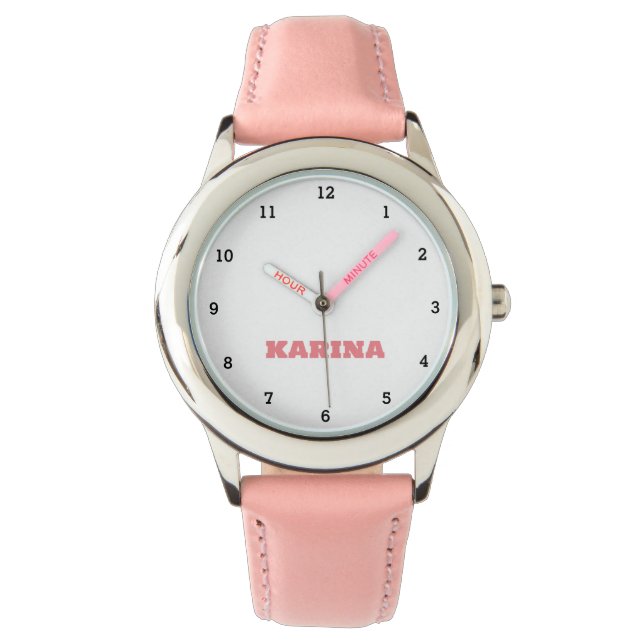 Custom Kids Name Steel Pink Leather Girls Watch (Front)